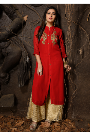 Red Color Designer Georgette Kurti